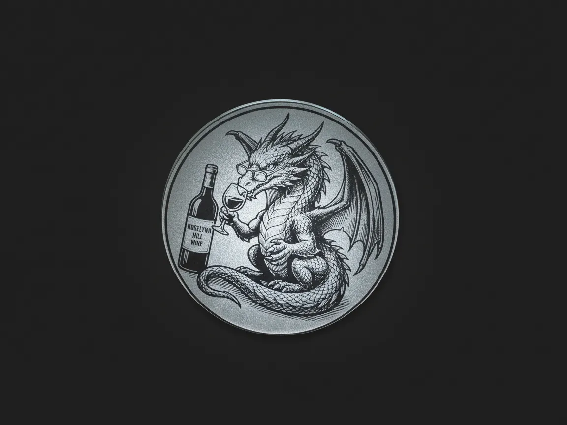 Dessous-de-verre rond gravé représentant un dragon tenant un verre de vin à côté d'une bouteille de vin Roslynn Hill