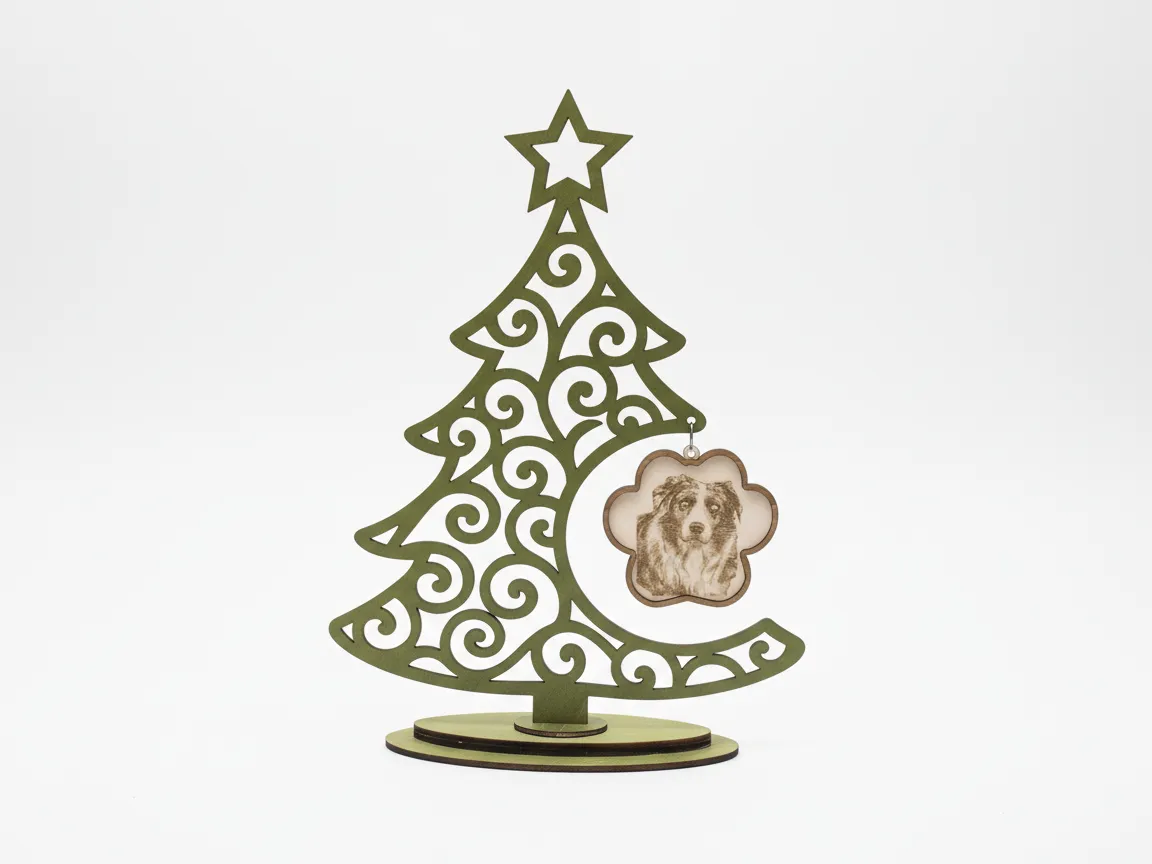 Laser Cut Decorative Christmas Tree with Custom Dog photo Paw print Ornament