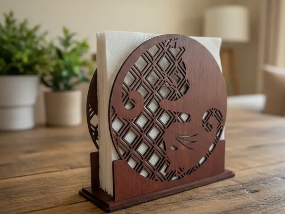 Wooden Napkin Holder with Cat Pattern laser cut design on a table