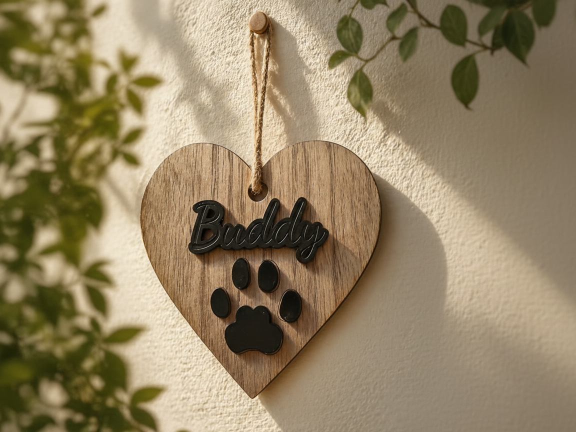 Heart-Shaped Pet Memorial Plaque with Paw Print and Name laser engraved pet portrait idea