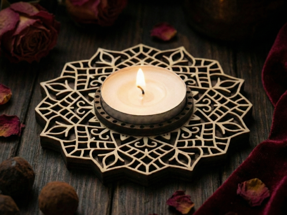 Wooden Candle Holder with Floral Pattern laser cut design on a table