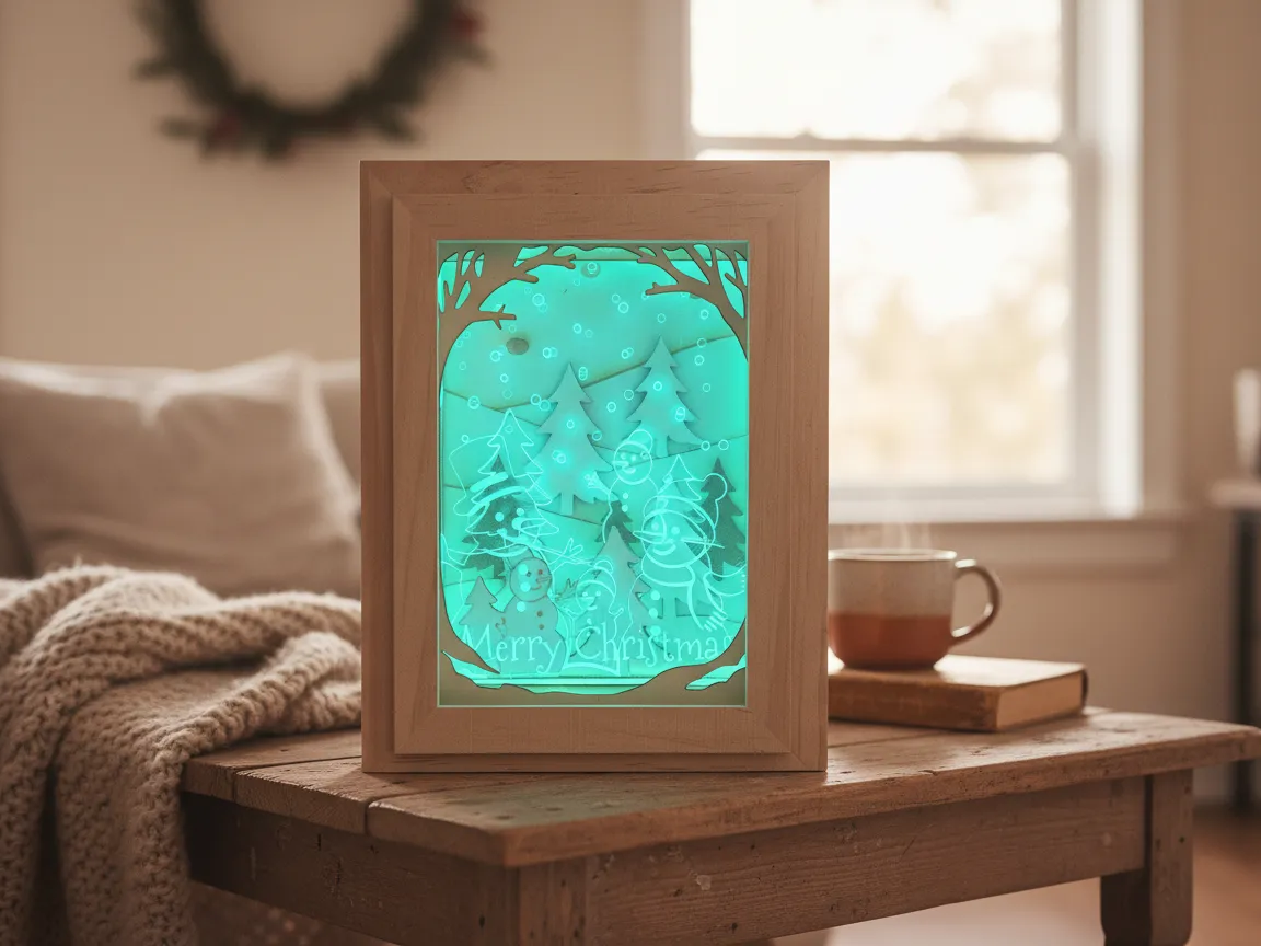 Laser cut Christmas light box with snowman and tree scene for window