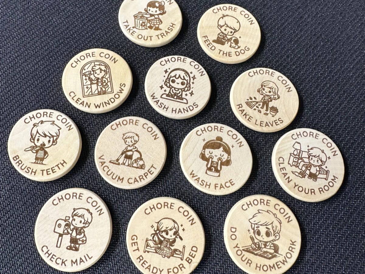 Engraved wooden kids chore reward coins, responsibility gift idea
