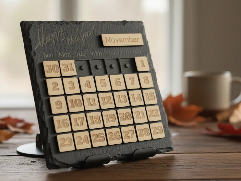 Laser Engraved Perpetual Wooden and Slate Desk Calendar