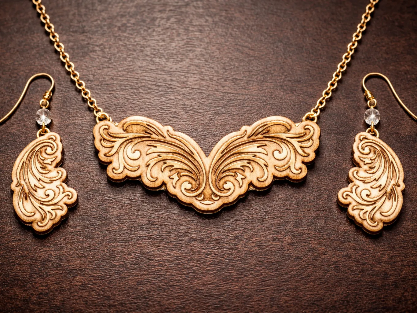 Elegant Acanthus Wood Jewelry Set (Necklace and Earrings) birthday gift for girlfriend idea