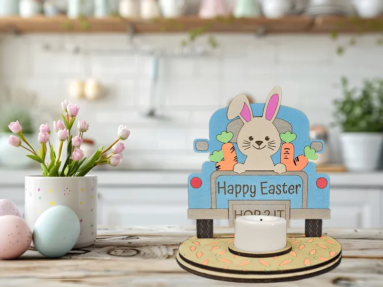 Wooden Easter tealight candle holder with cut-out egg and bunny pattern glowing