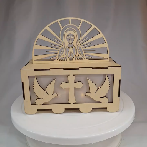 [Laser cut and engrave] Veilleuse religieuse en bois avec Vierge Marie, croix et colombes