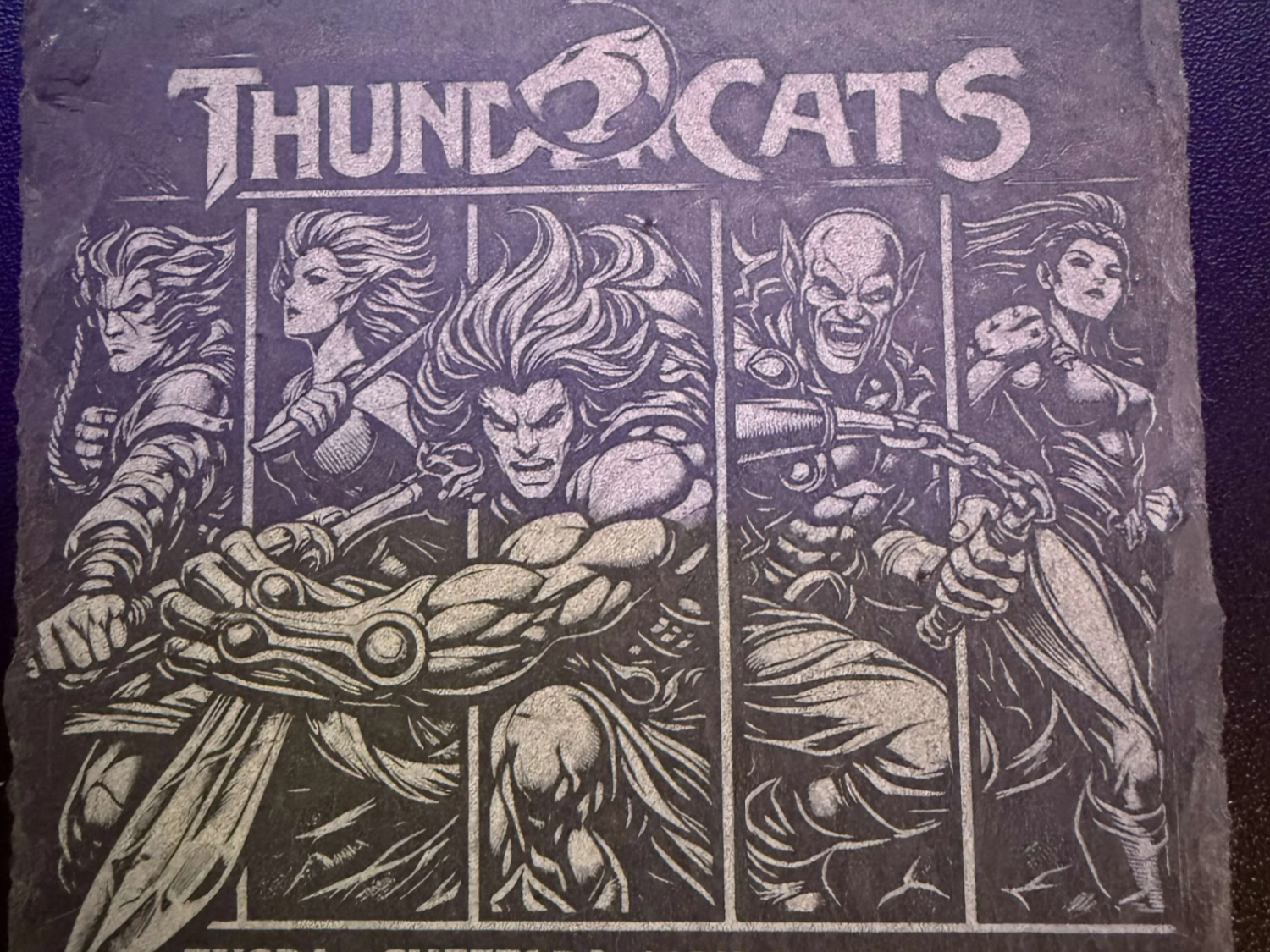 Sottobicchiere in ardesia inciso al laser dei Thundercats — ricostruzione vettoriale ad alto dettaglio - sottobicchiere tagliato e inciso al laser