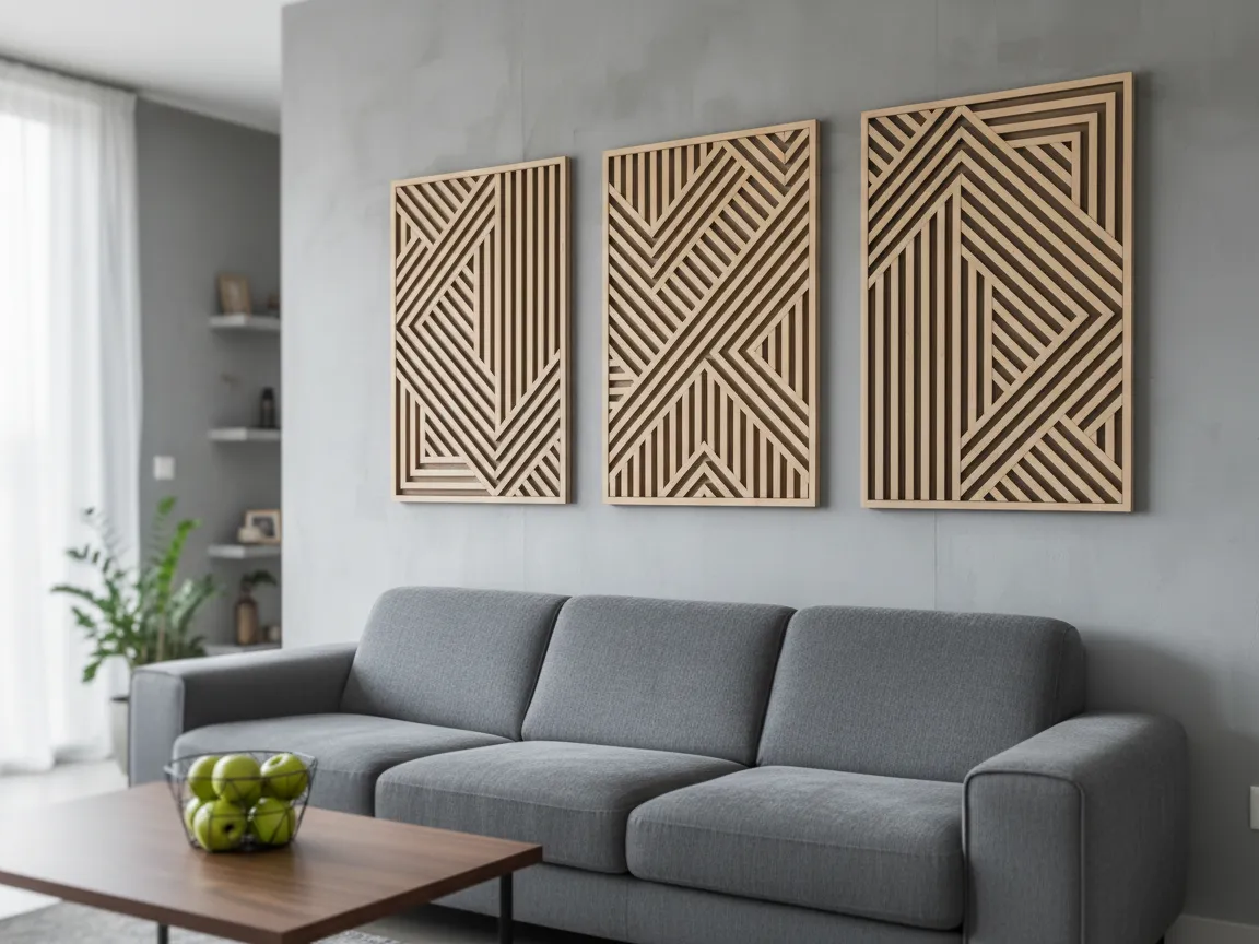 Set seni dinding kayu geometris modern tiga panel