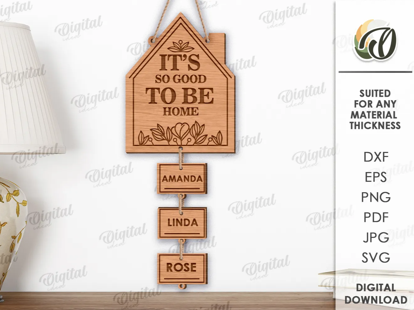 Lasergeschnittenes 3D-Familienschild. Hängendes Familienstammbaum-Schild mit Namen. Blumiges hausförmiges Schild. 1 Design