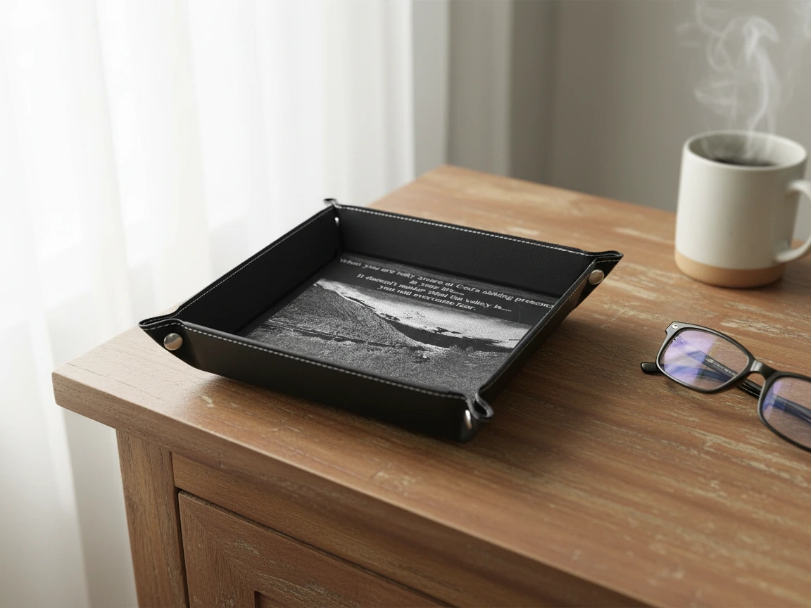 Leather Valet Tray with Engraved Mountain Design boyfriend birthday gift idea