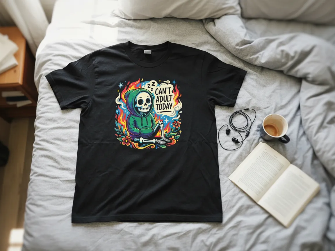 Črna majica z okostjem, ki nosi hoodie, in napisom Can't Adult Today