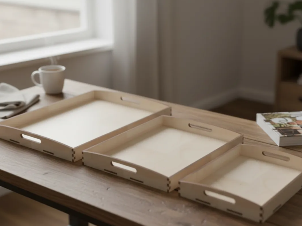 Wooden Serving Trays with Handles Set laser cut design on a table