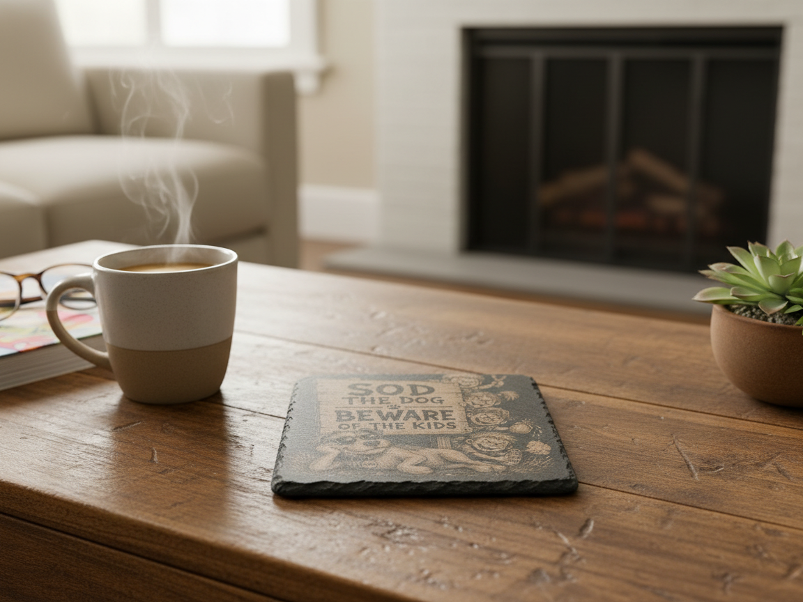 Square slate coaster with a humorous Beware of the Kids dog sign design