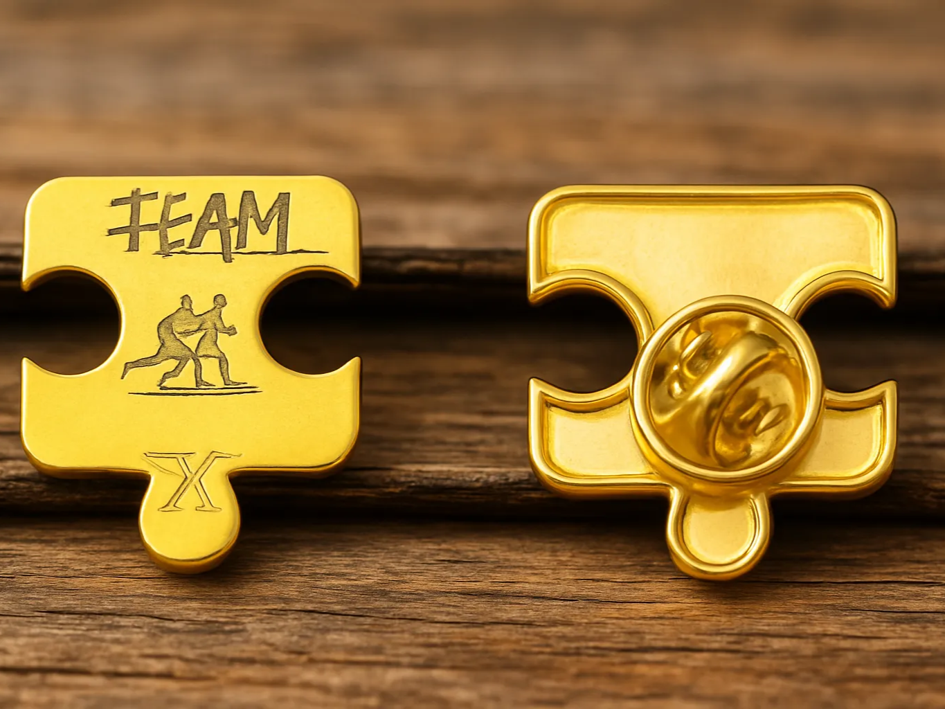 Spilla badge pezzo di puzzle dorato con incisione del team