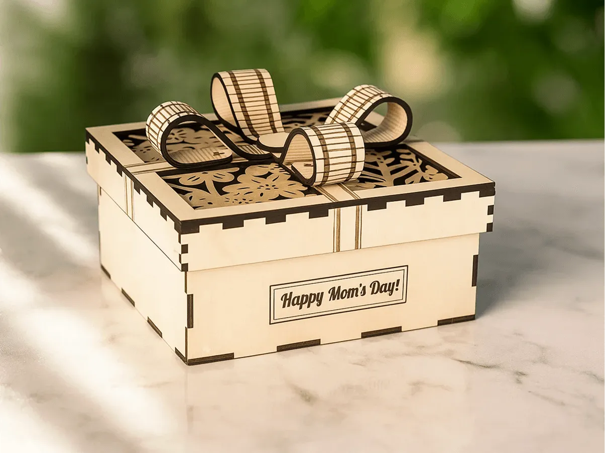 Classic Gift Box with Lid laser-cut design on a styled shelf