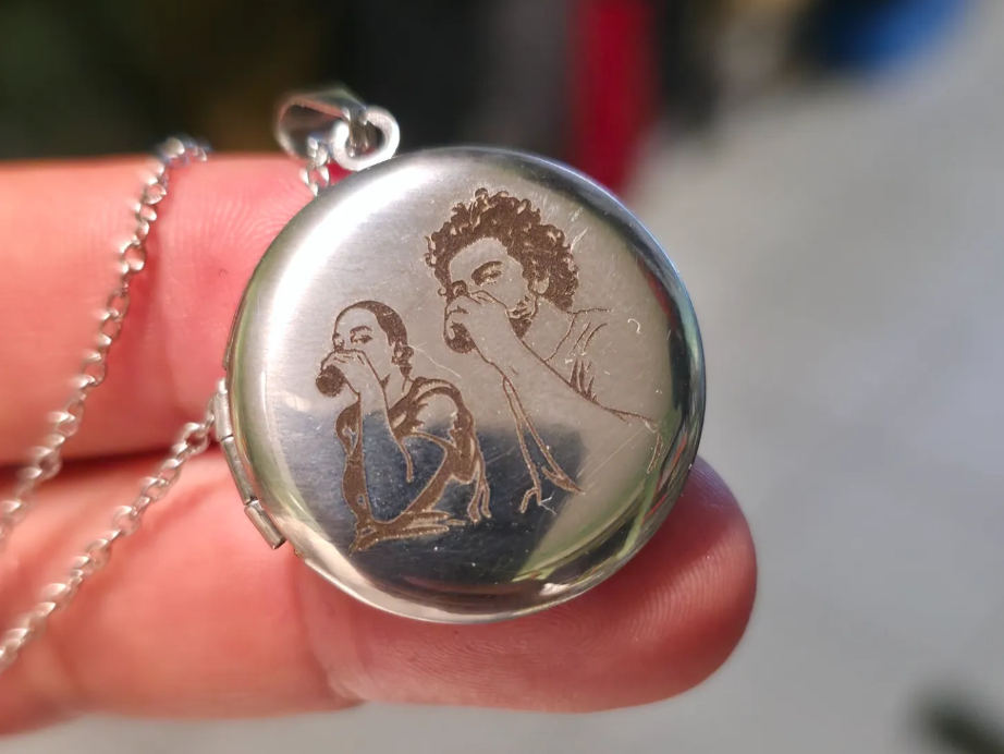 Silver Round Locket Necklace with Custom Portrait Illustration gift design