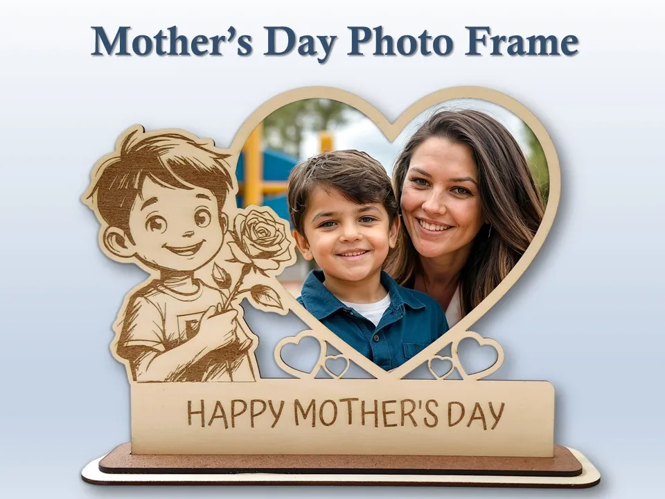 Happy Mother's Day Heart Shaped Frame with Boy Holding a Rose photo frame design