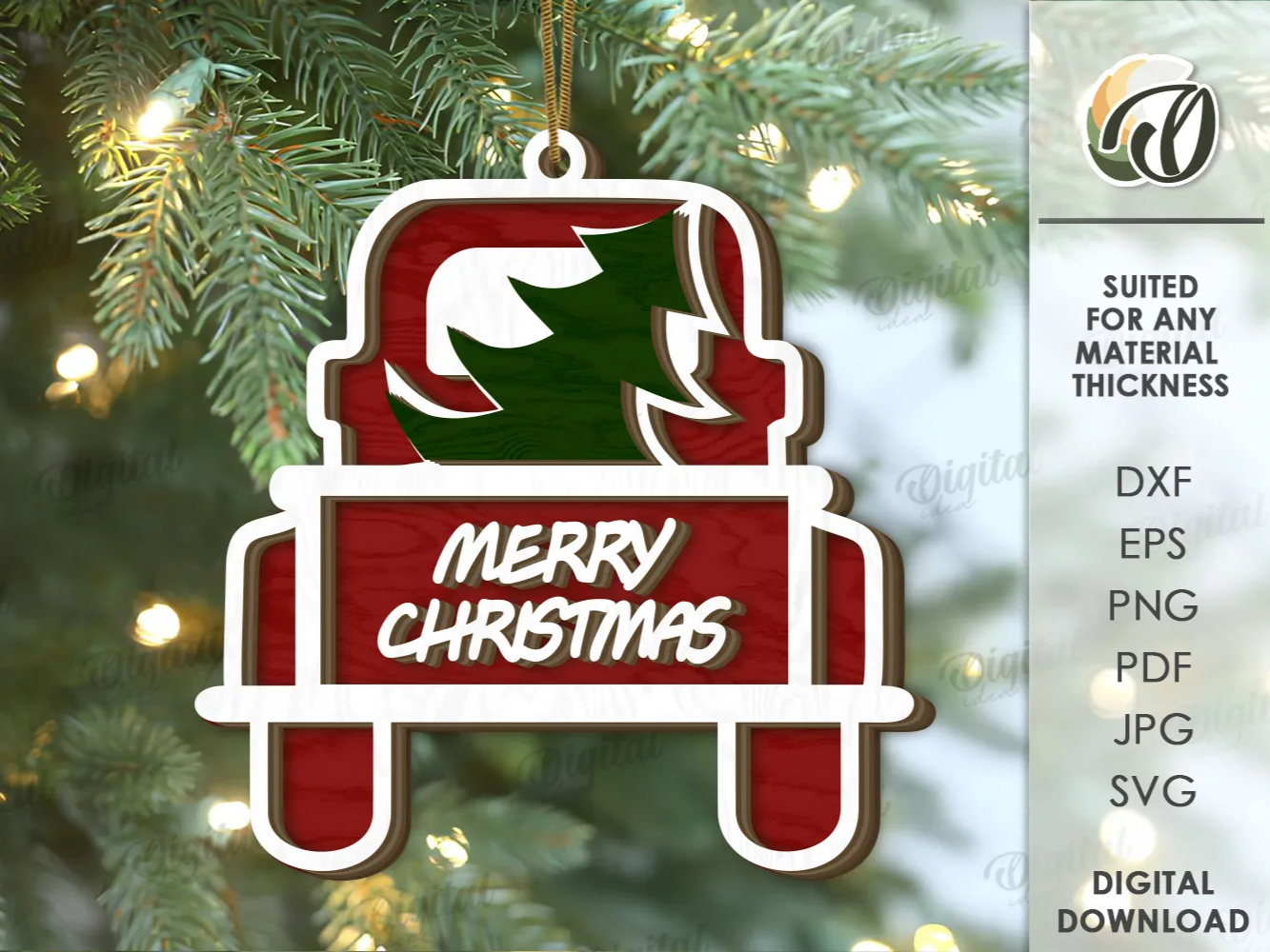 3D Christmas farmhouse ornament.  Xmas tree hangers laser cut.  Wooden xmas bauble svg. Xmas farm layered decoration. Christmas truck with Tree