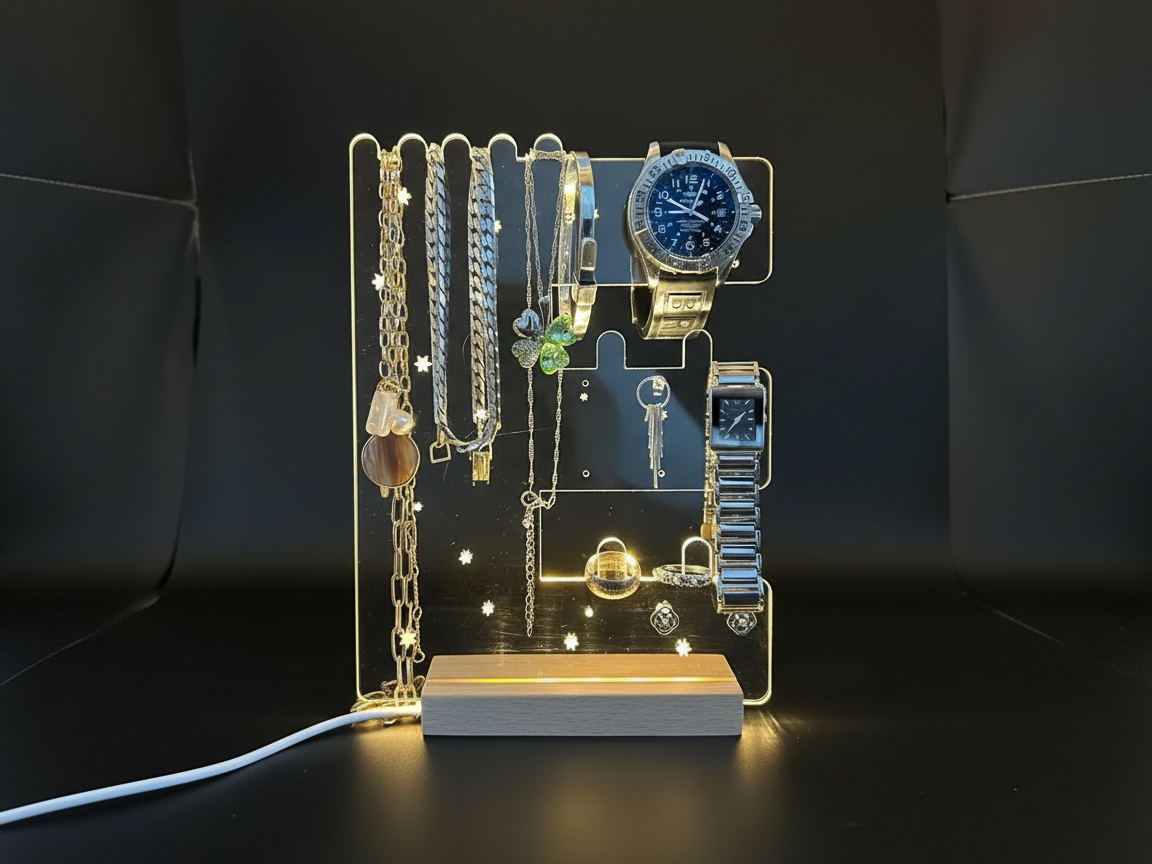 LED Lighted Acrylic Watch and Jewelry Organizer with Wooden Base gift for husband idea