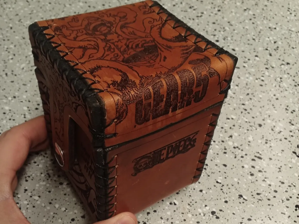 Engraved leather deck box with Gear 5 Luffy dragon design One Piece gift idea