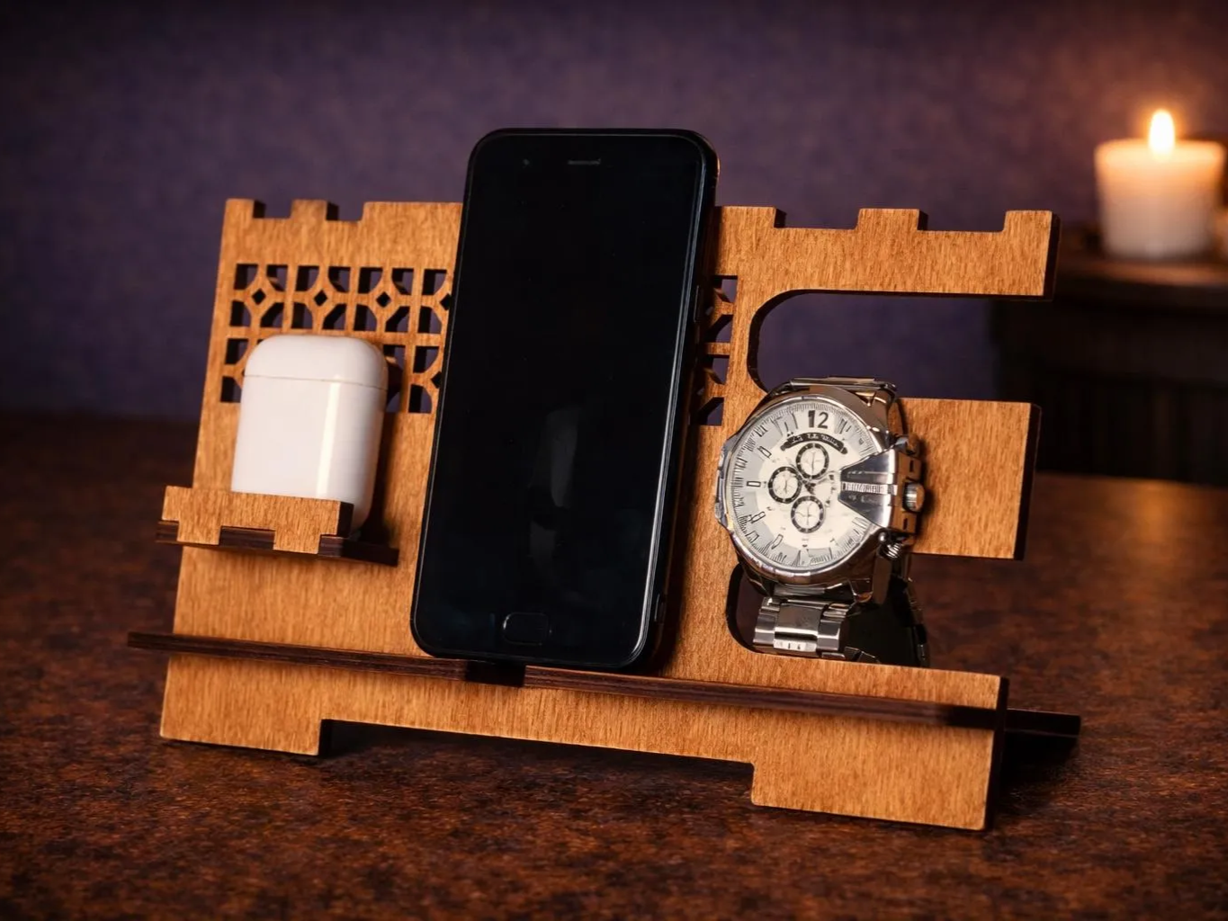 Laser Cut Phone Stand and Smartwatch Holder gift for husband idea