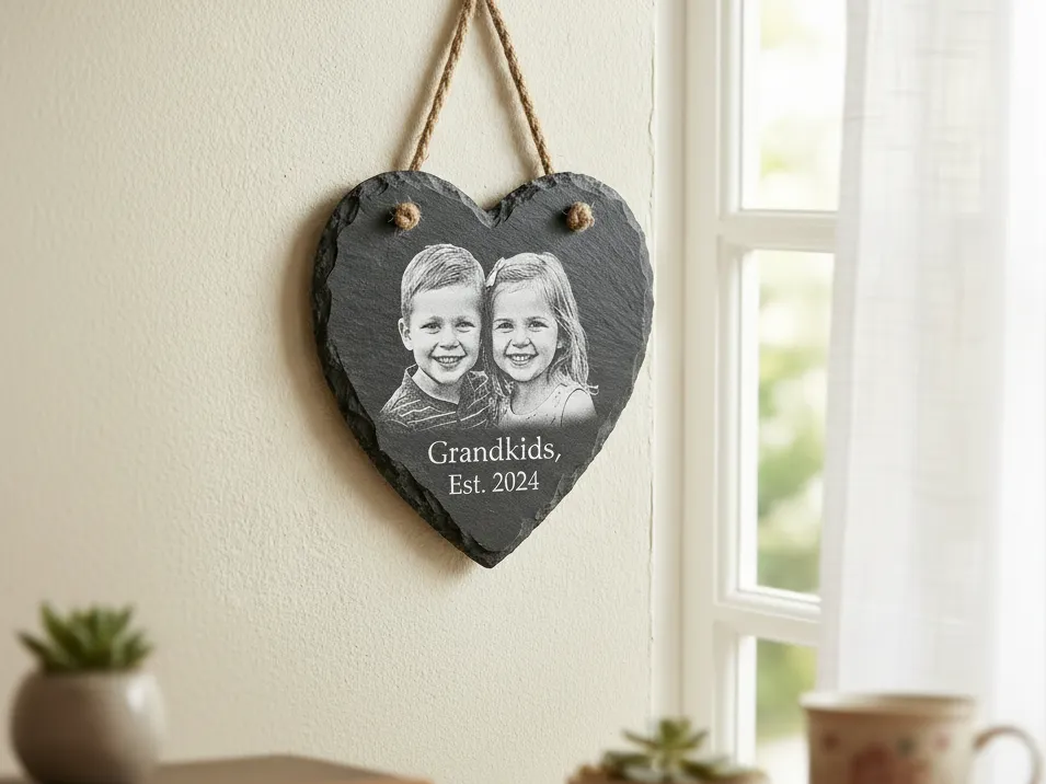 Fotograviertes Schiefer-Herzschild mit Enkelkindern