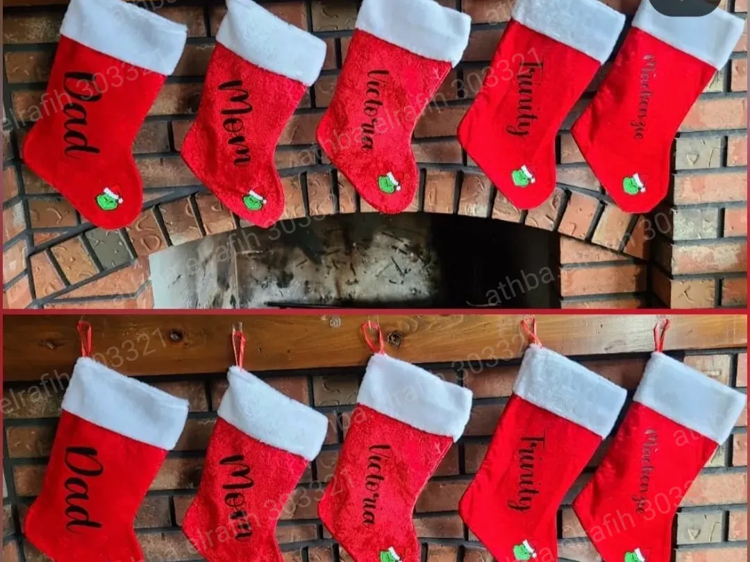 Personalized family christmas stockings hanging on a fireplace mantel