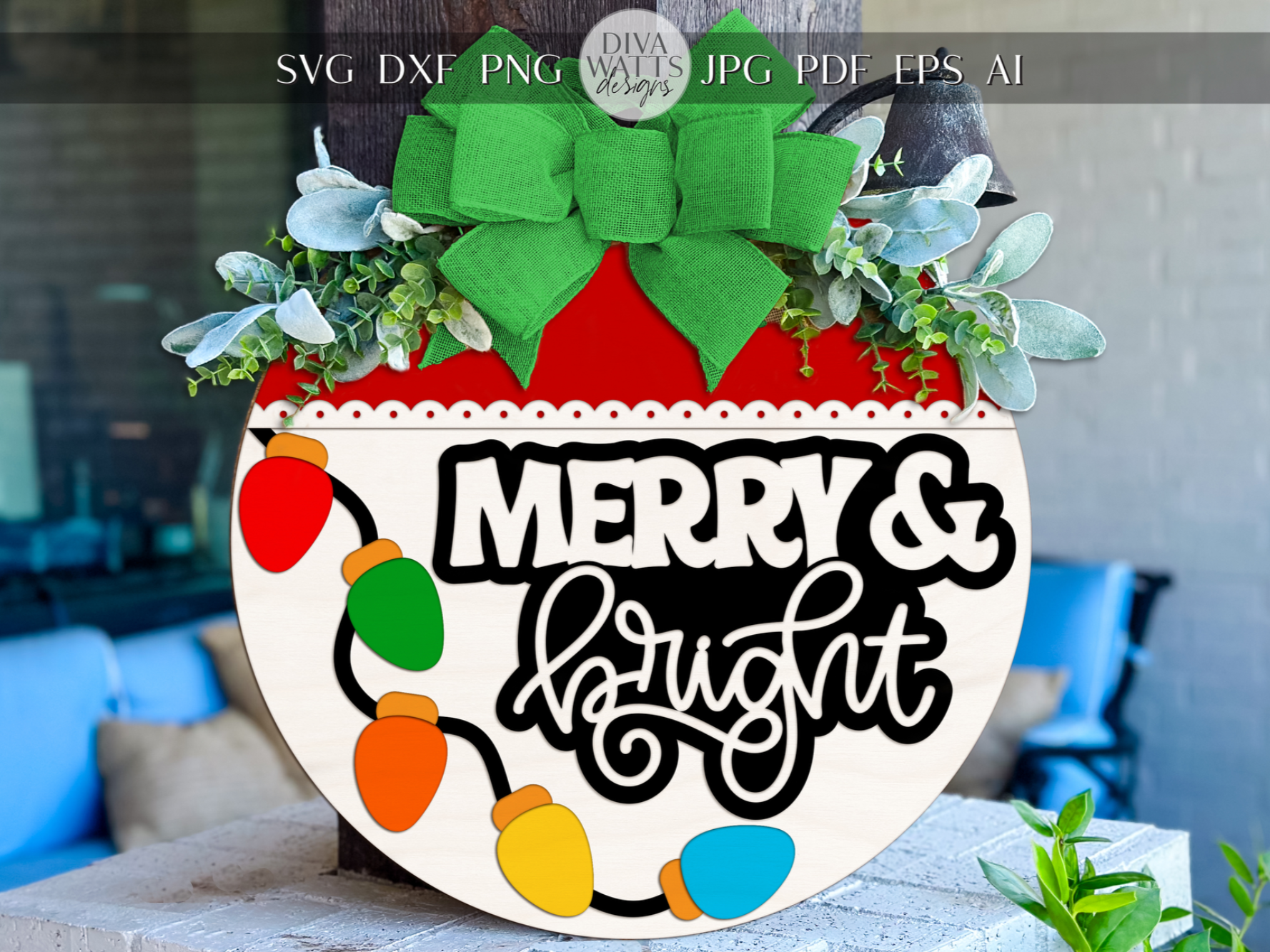 Laser cut and engrave | Merry & Bright Christmas Round Door Hanger SVG ...