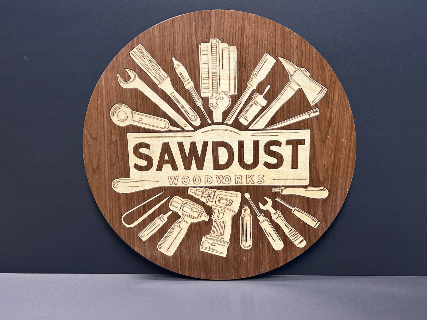 Sawdust Woodworks Circular Sign with Tool Illustrations wood sign design