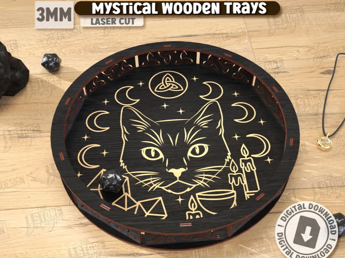Wooden tray with celestial engraved design