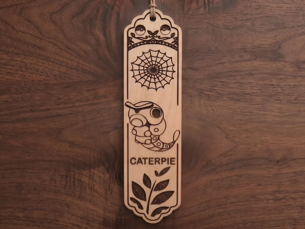 Caterpie Pokémon Wooden Bookmark with Web and Leaf Motif bookmark design