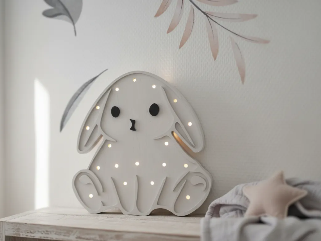 Laser Cut Wooden Bunny Night Light with LED Dots laser-cut night lamp idea