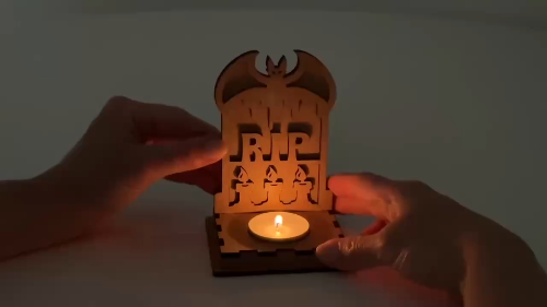 [Laser cut and engrave] RIP Tombstone Candle Holder SVG | Halloween Tea Light Lantern | Bat & Candles Laser Cut File