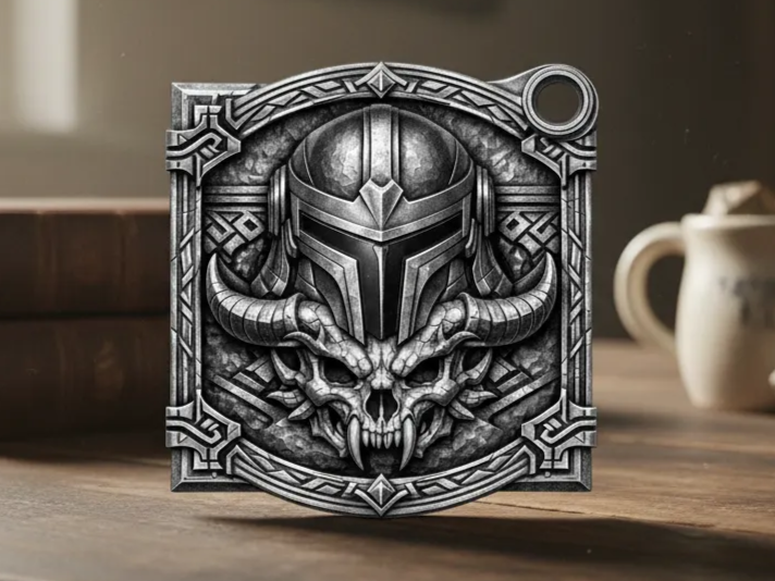 Mandalorian-style helmet and skull square pendant keyring keychain idea