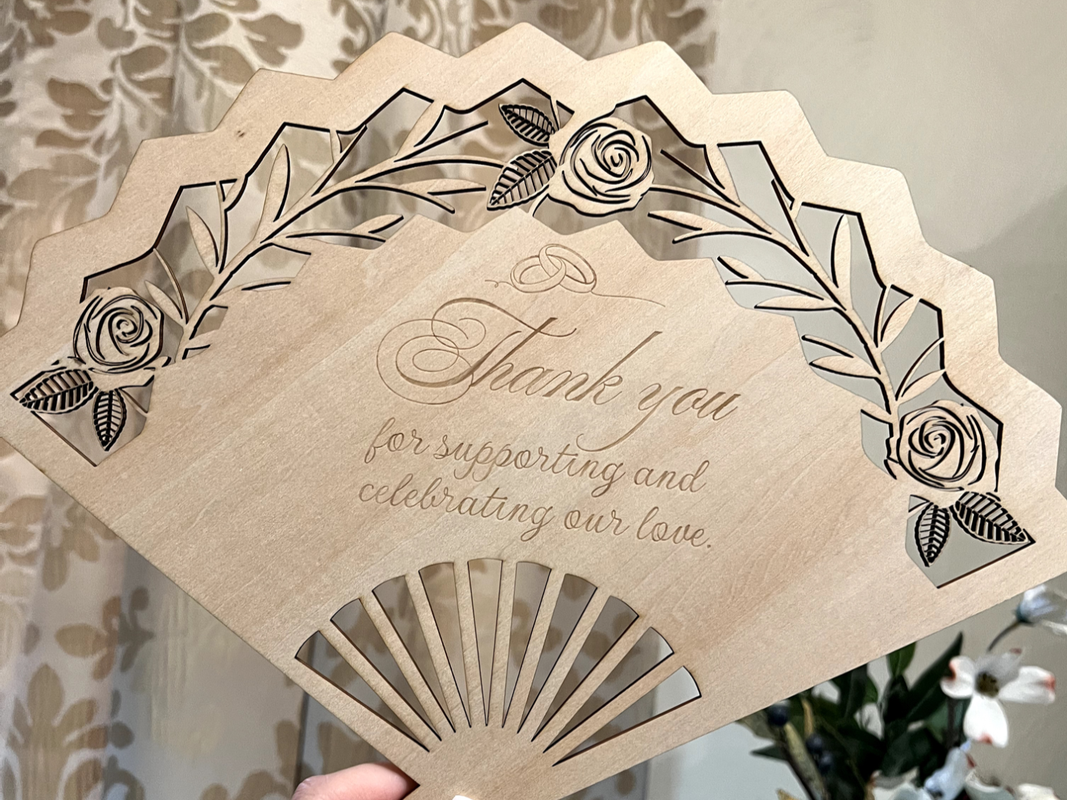 Wooden Wedding Thank You Hand Fan with Rose Detail wedding favor idea