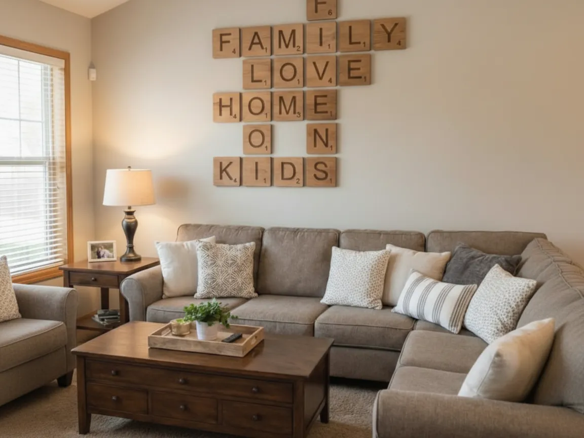 Arte da parete con tessere scrabble in legno e cognome, design di targa casa tagliata al laser