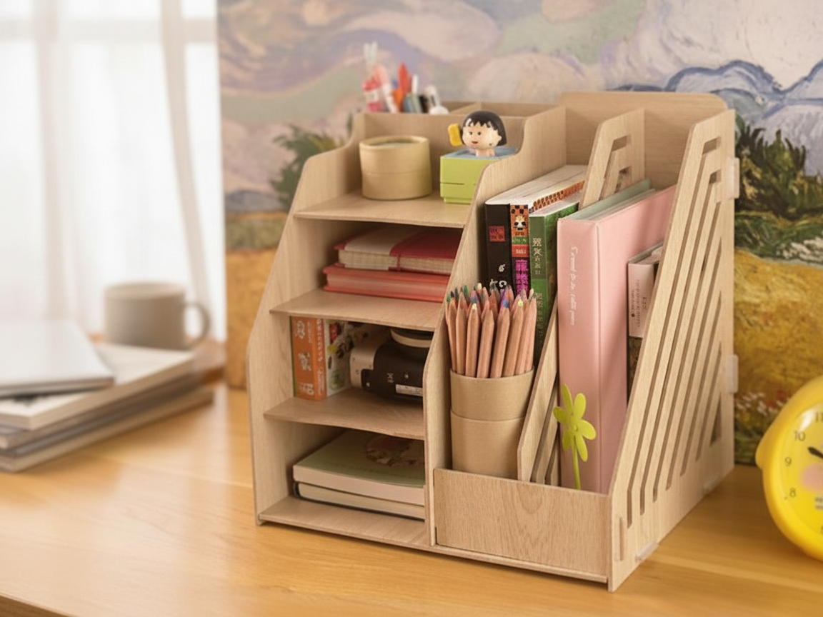 Wooden Desk Organizer with Pencil Holder and Book Storage office desk decor idea