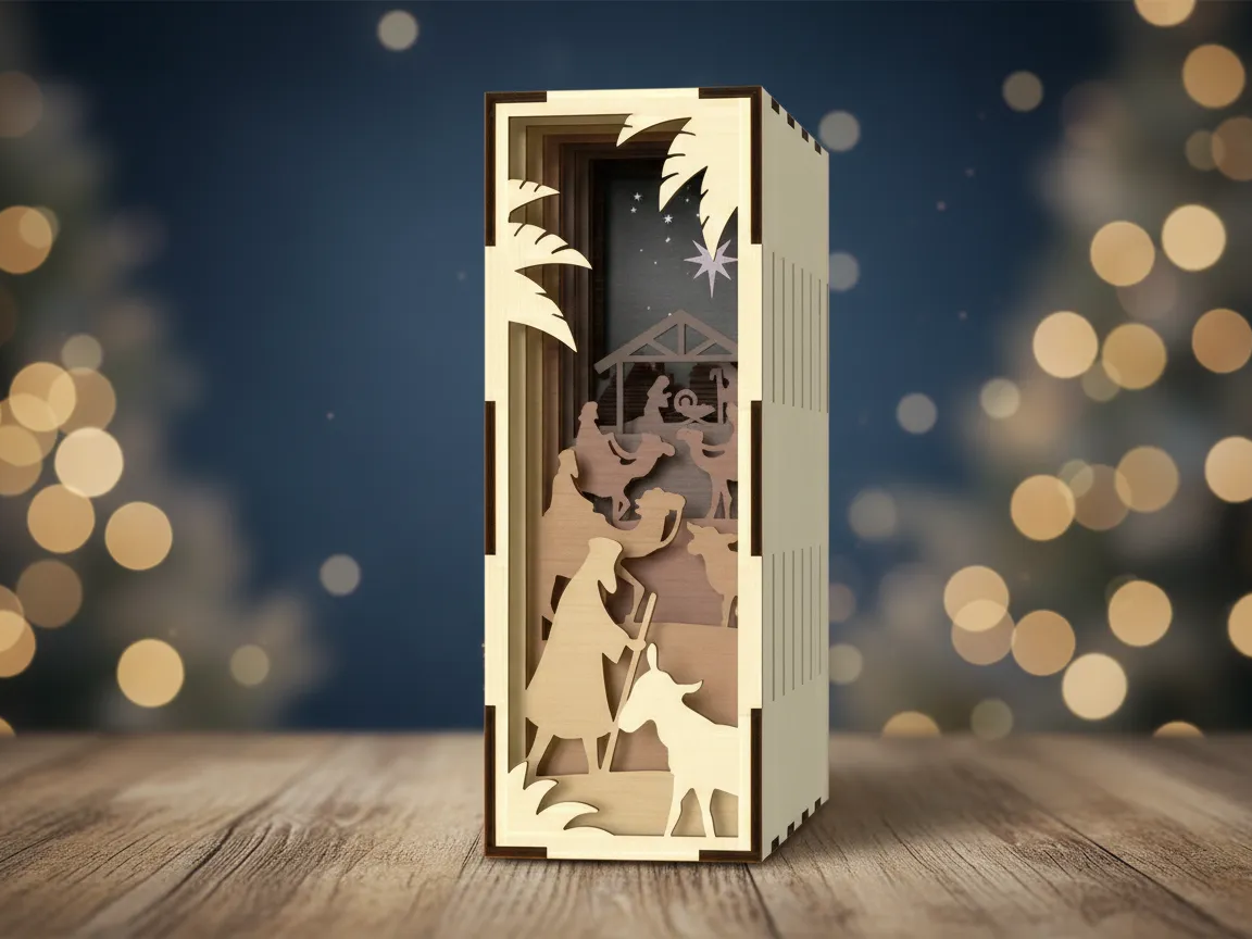 Christmas light-up wooden book nook 3D layered shelf insert diorama with snowy scene