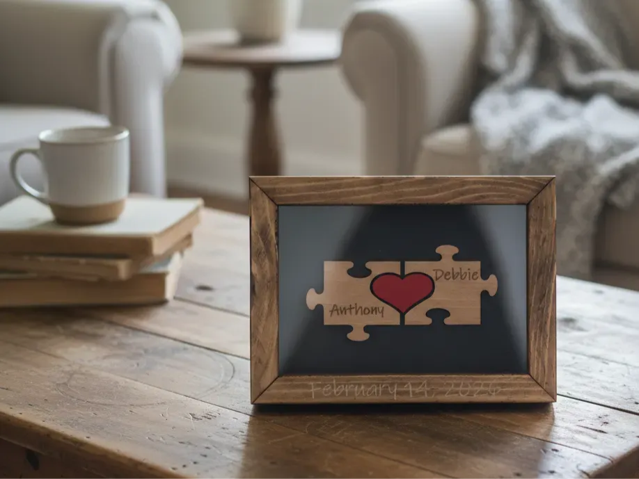 Wooden Puzzle-Piece Picture Frame with Heart and Names gift for her design