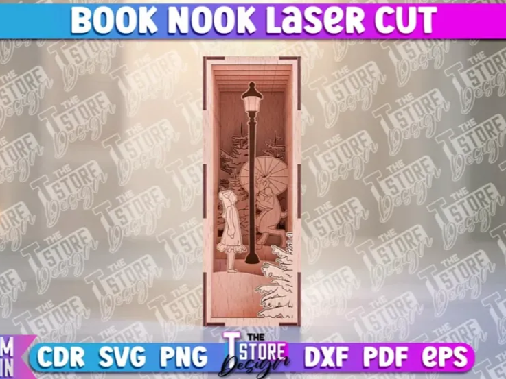 Street lamppost book nook 3D layered shelf insert diorama of a receding lane