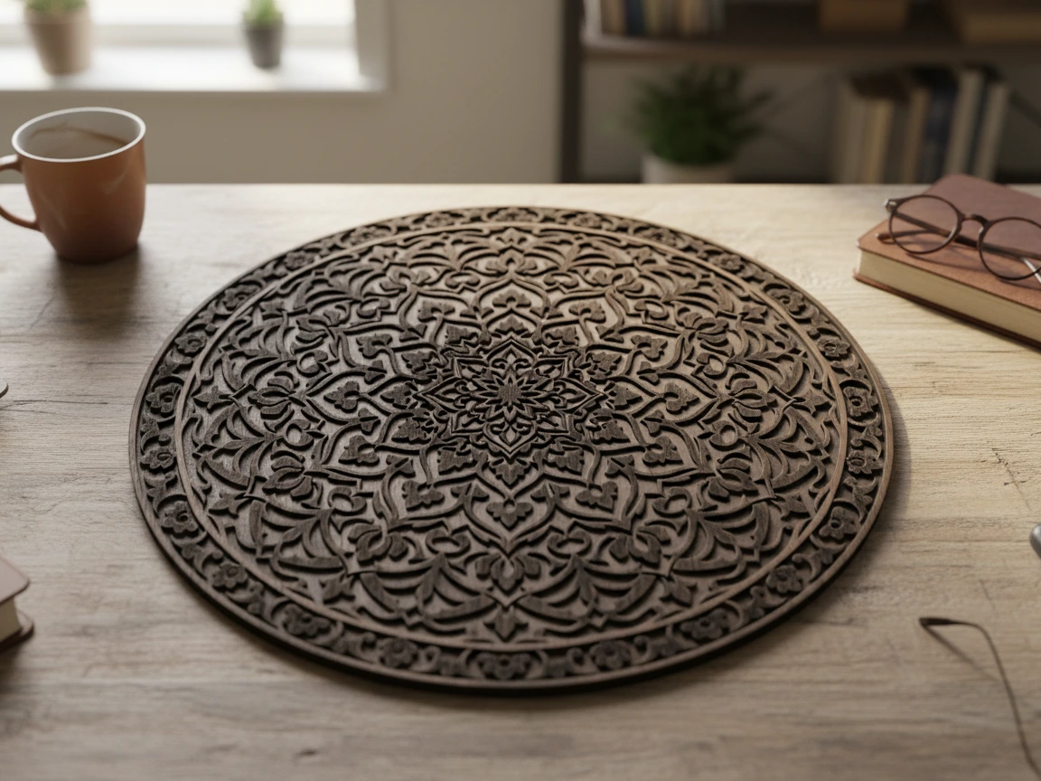 A large round wooden trivet engraved with a complex mandala pattern