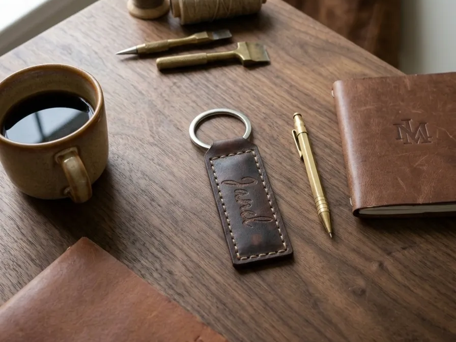 Stitched-Edge Brown Leather Keychain custom leather keychain idea
