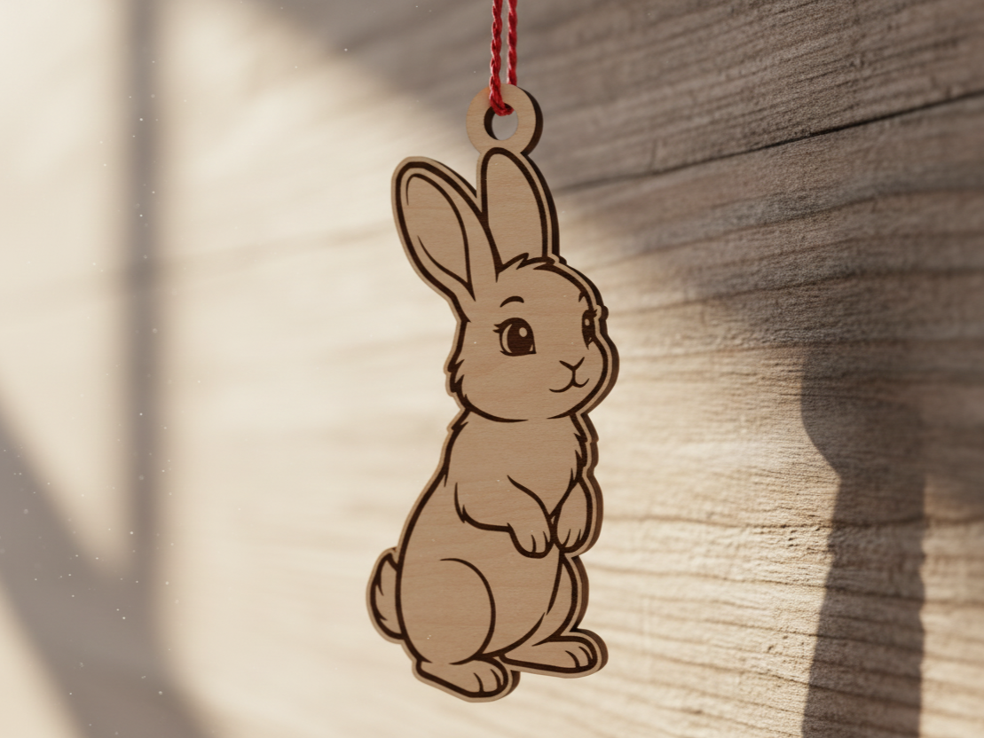 A wooden Easter bunny ornament hanging by a red ribbon in warm light