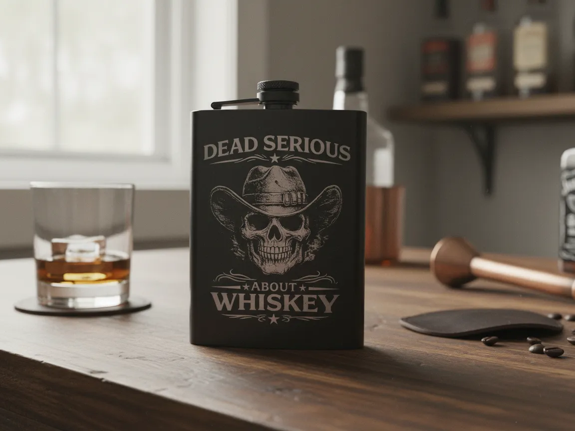 Matte Black Metal Flask with Cowboy Skull and Dead Serious About Whiskey Graphic groomsmen gift idea