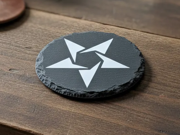 Round black slate coaster with a white geometric star design
