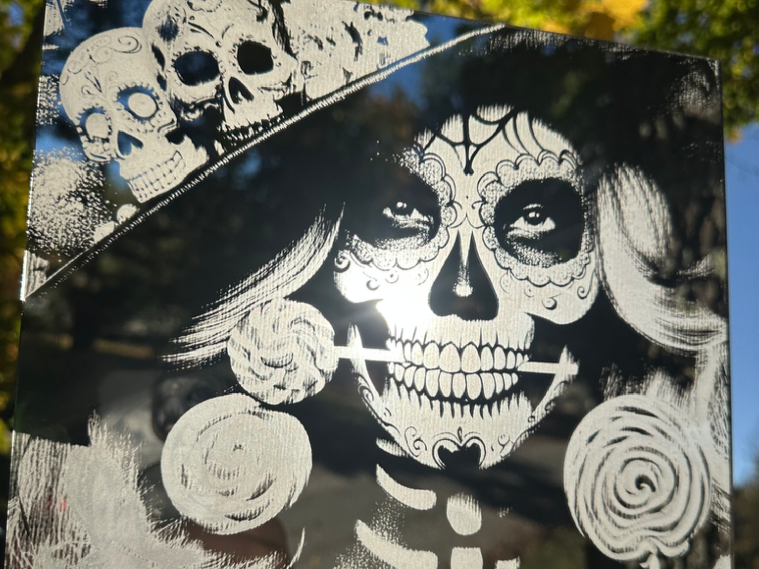 Sugar Skull Witch Halloween Mirror Engraving sugar skull dia de los muertos design