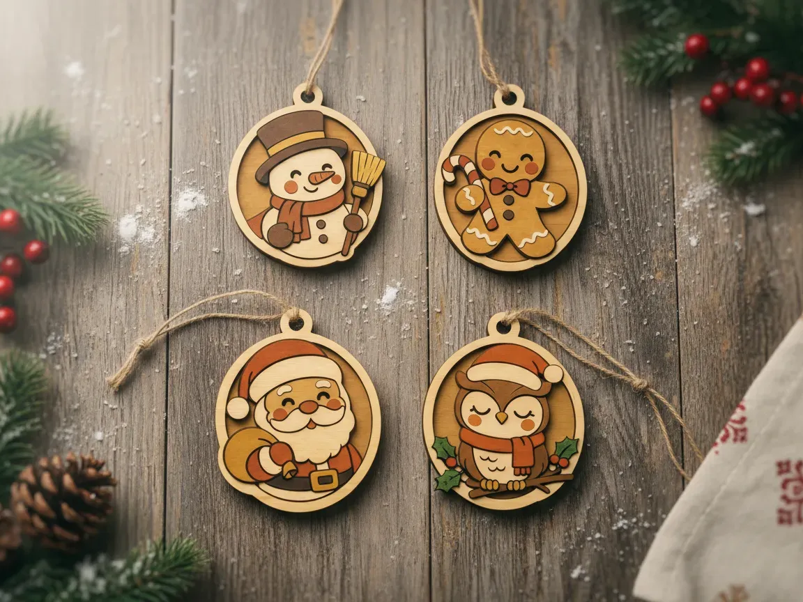 Adornos de Navidad de madera cortados con láser con Santa, muñeco de nieve, búho y pan de jengibre