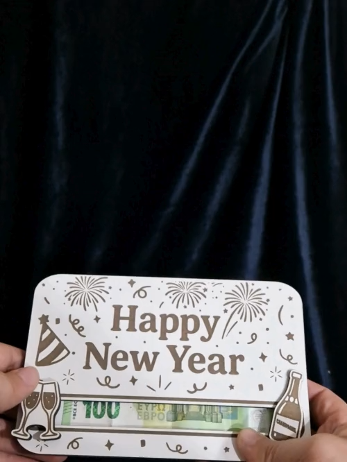 [Laser cut and engrave] Laser Cut Happy New Year Money Holder Card with Champagne Design