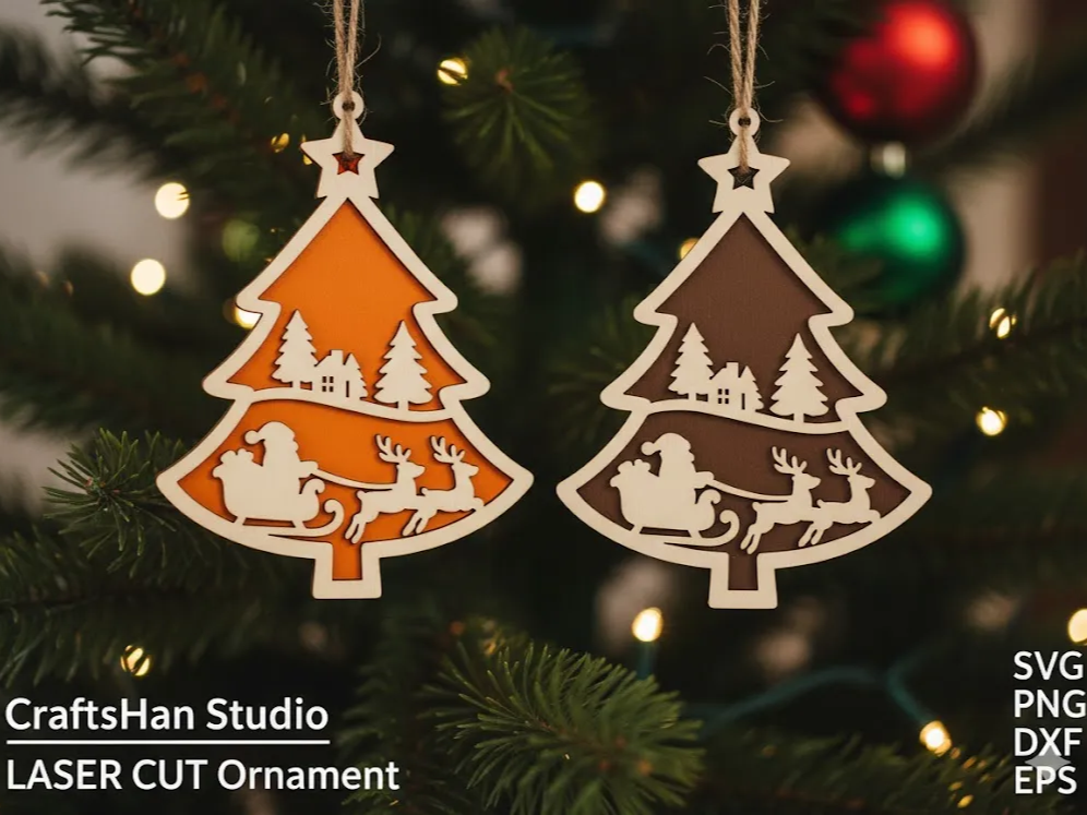 Christmas ornament set featuring Santa sleigh and pine tree silhouettes